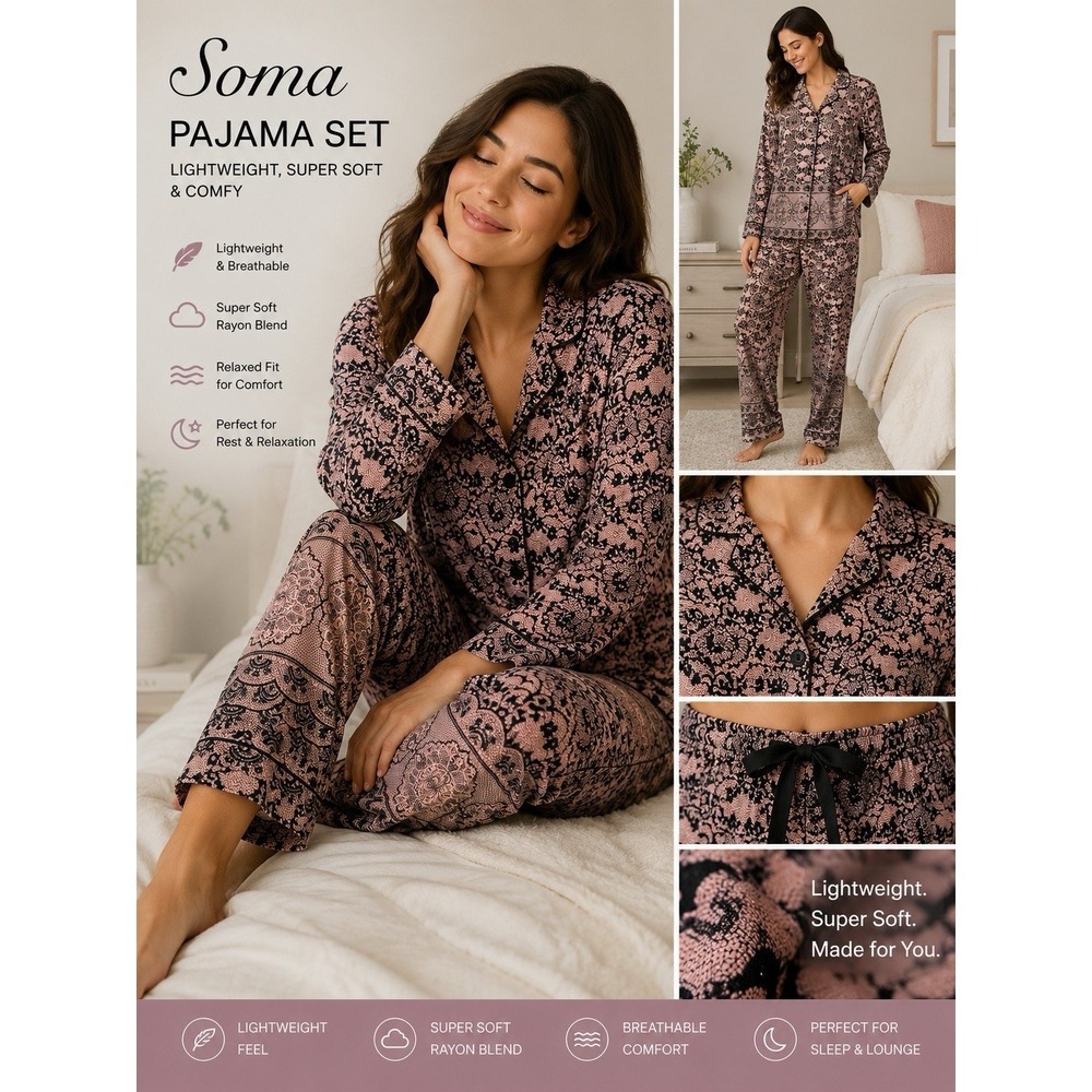 Soma Pajama Set Women L Pink Black Floral Soft Lounge Sleepwear Cozy